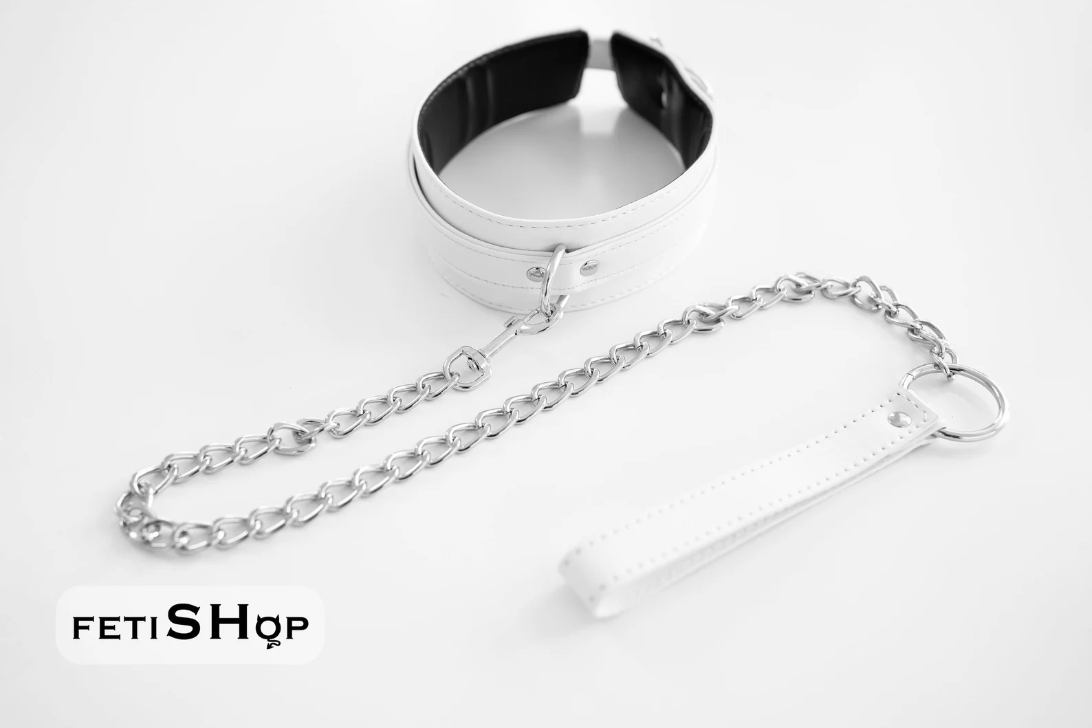 BDSM white collar choker with chain leash